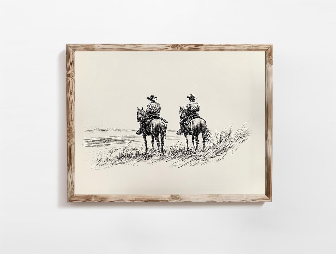 Two Cowboys on Horseback Overlooking Prairie Vintage Sketch Wall Art