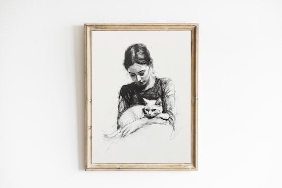 Woman Holding White Cat Line Drawing Charcoal Sketch Portrait Poster