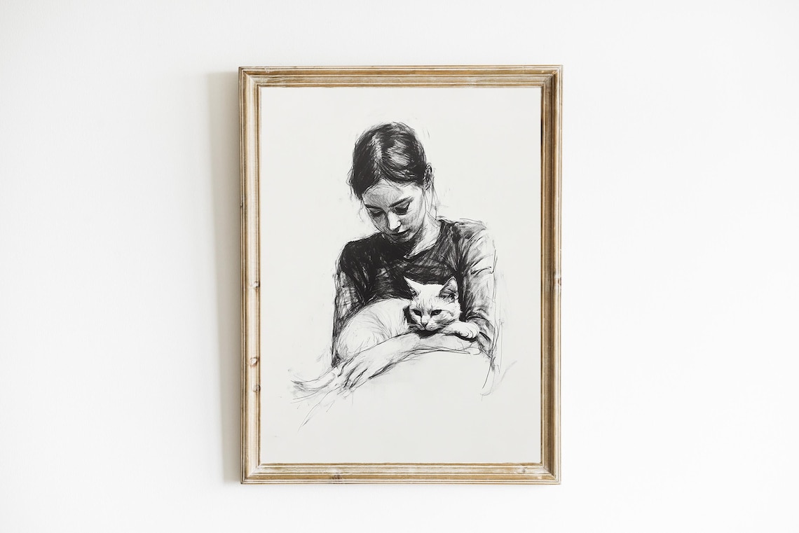 Woman Holding White Cat Line Drawing Charcoal Sketch Portrait Poster
