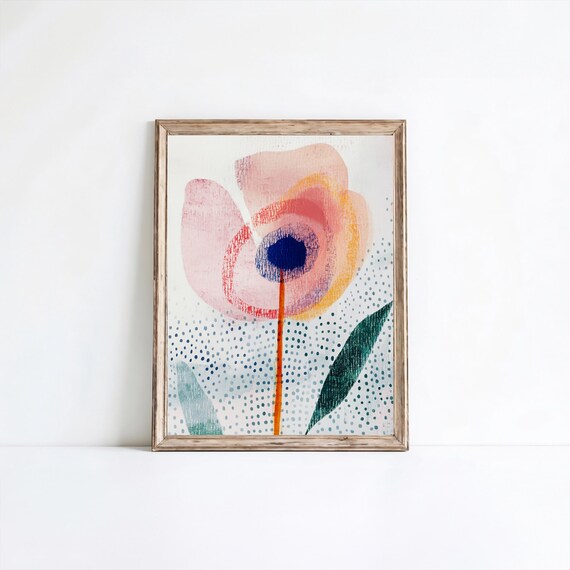 Flower Print Botanical Painting Floral Art Pink Muted Nursery Blue E898