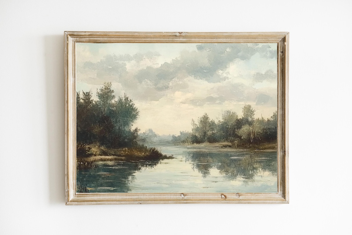 Tranquil River Landscape Vintage Oil Painting Nature Wall Art