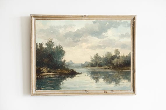 Vintage River Landscape Print Painting Nature Wall Art Poster Neutral Decor E241