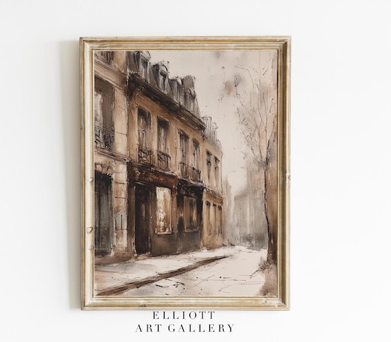 Vintage Parisian Street Sepia Watercolor Cityscape Art Poster