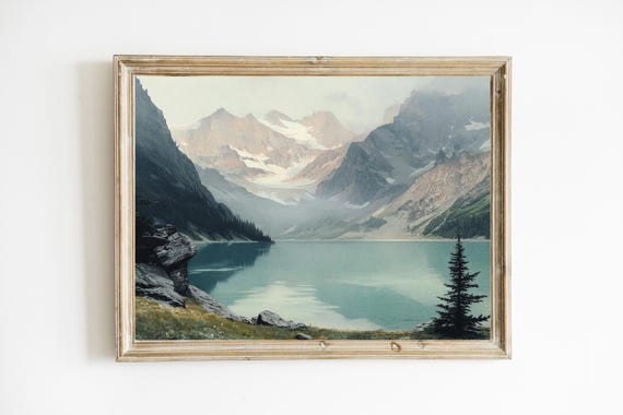 Antique Mountain Lake Landscape Print Vintage Wall Art Rustic Spring Painting House Decor E484