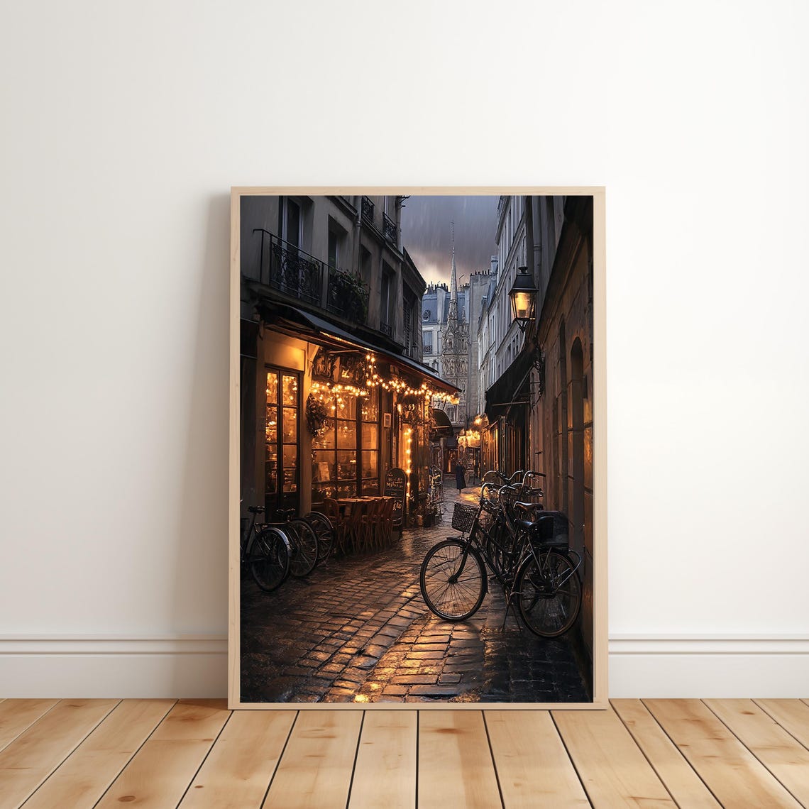 Old Paris Side Street At Dusk Cobblestones Cafe Lights Wall Art