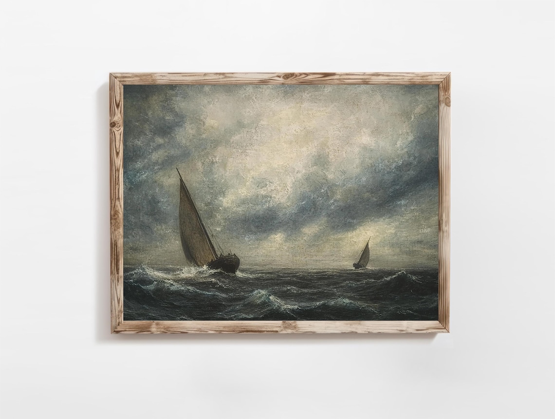 Dark Stormy Seascape Sailboats Vintage Oil Painting Wall Poster