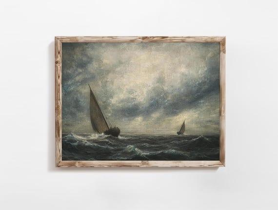 Moody Boats On The Ocean Dark Seascape Oil Painting Vintage Boat Wall Decor E677