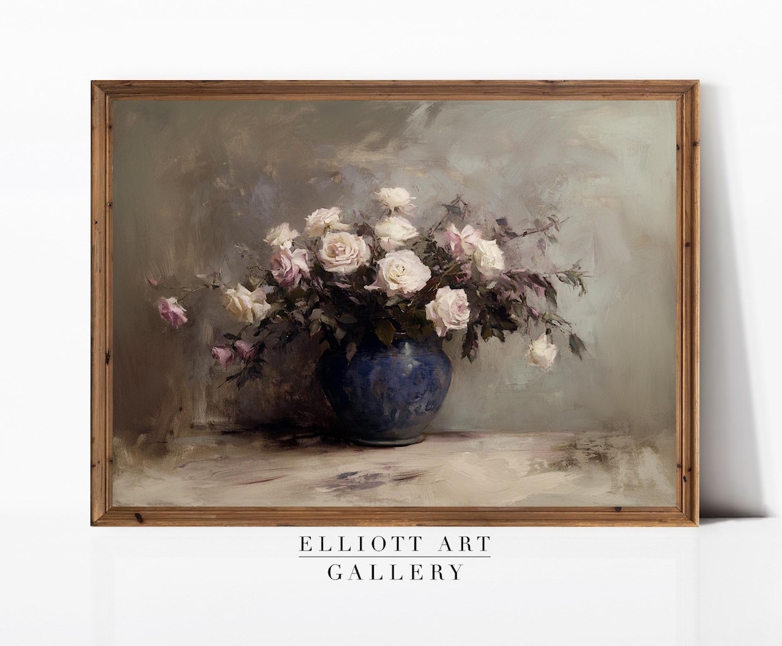 White Roses Blue Vase Vintage Floral Still Life Oil Painting Art Print