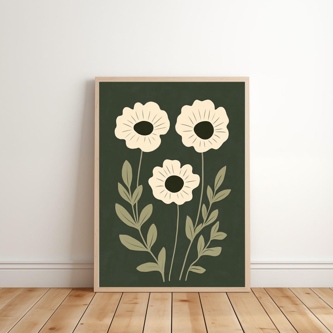 Cream Poppies On Dark Green Minimalist Botanical Floral Art Poster