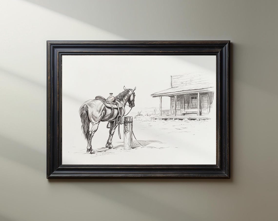 Saddled Horse at Hitching Post Western Ranch Sketch Poster Equestrian