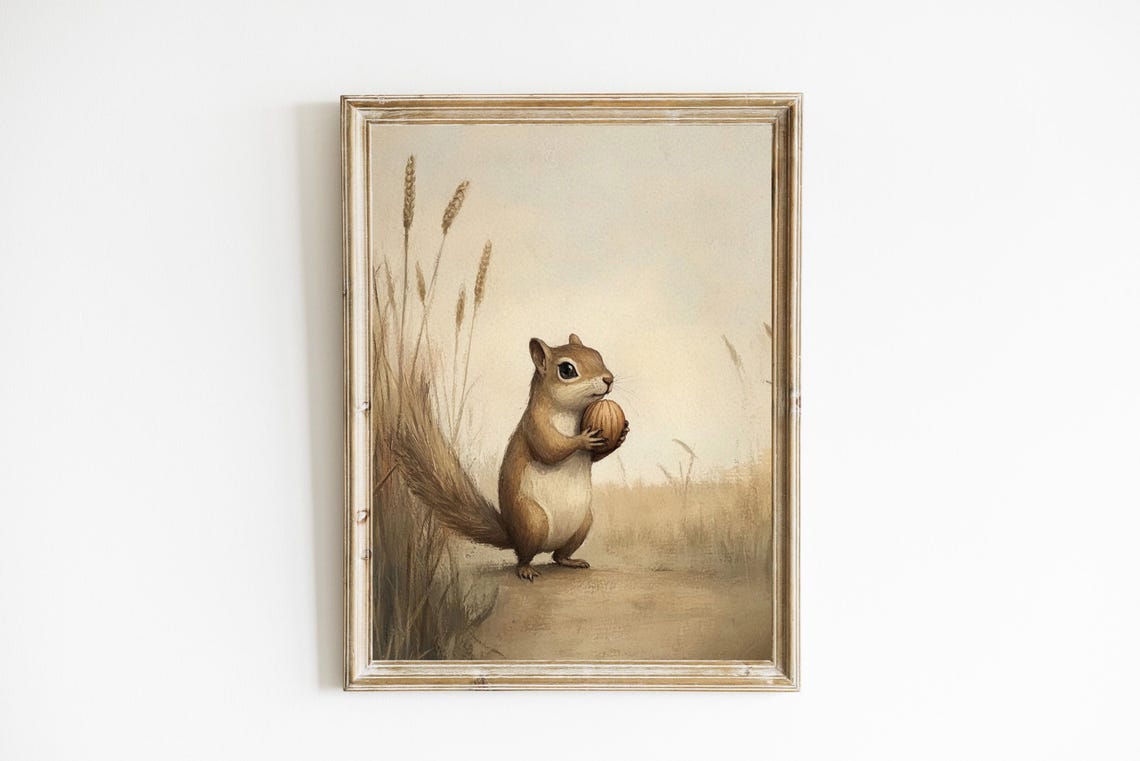 Sweet Squirrel with Nut in Wheat Field Vintage Wildlife Wall Art