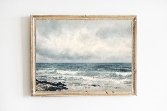 Moody Grey Blue Coastal Seascape Rolling Waves Oil Art Poster