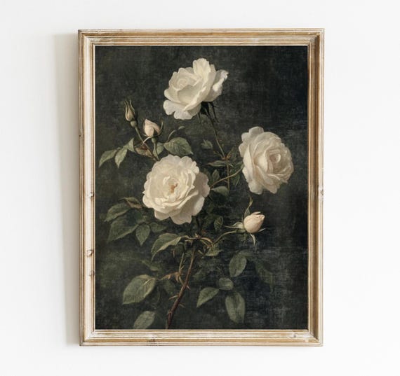 Dark Academia Floral Print Vintage Painting White Moody Roses Still Life Botanical Art E485