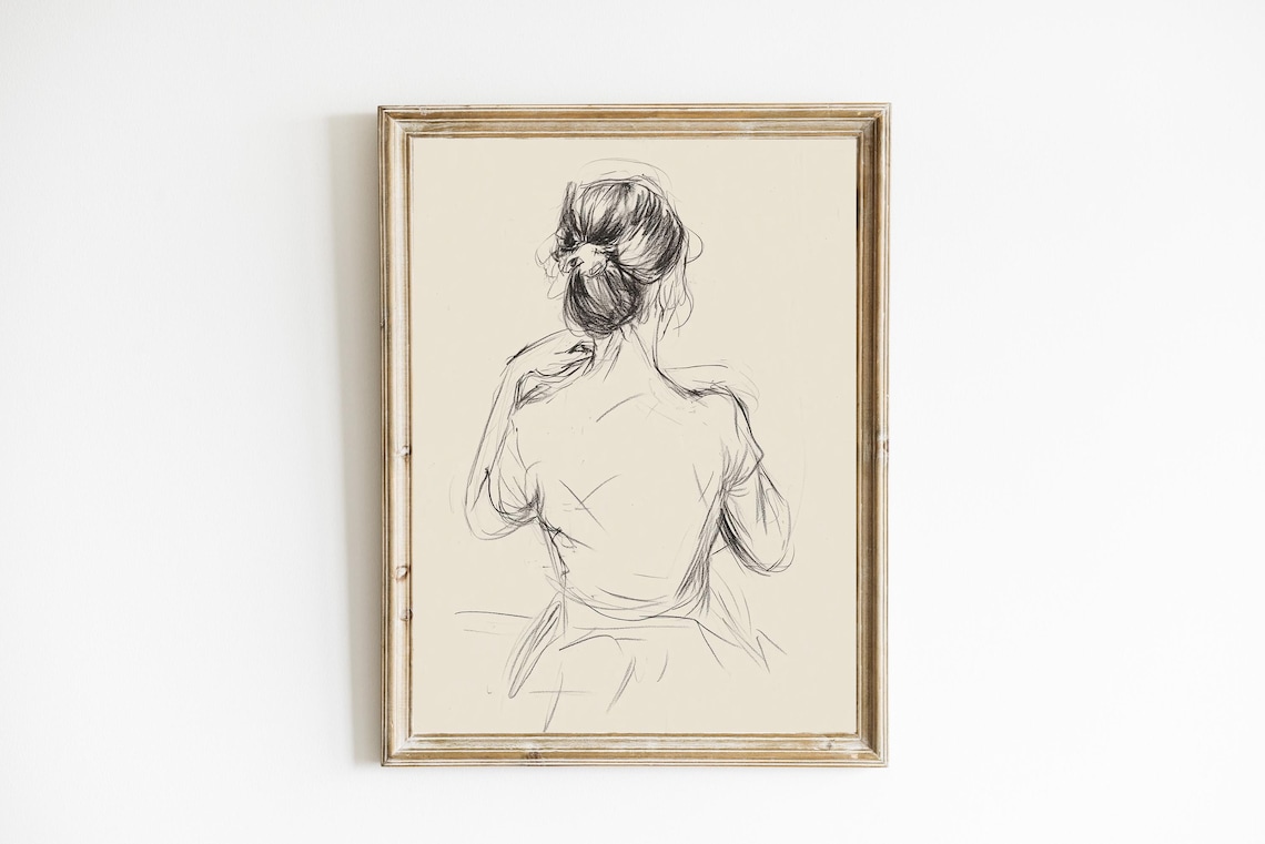 Woman From Behind Bun Hairstyle Line Drawing Charcoal Sketch Poster