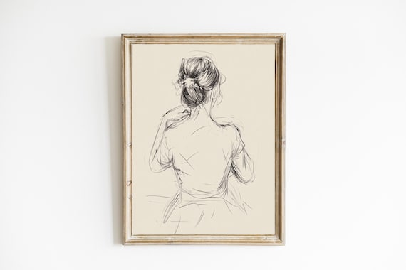 Pencil Sketch Of A Woman Line Drawing Neutral Farmhouse Wall Decor Contemporary Modern Art E926