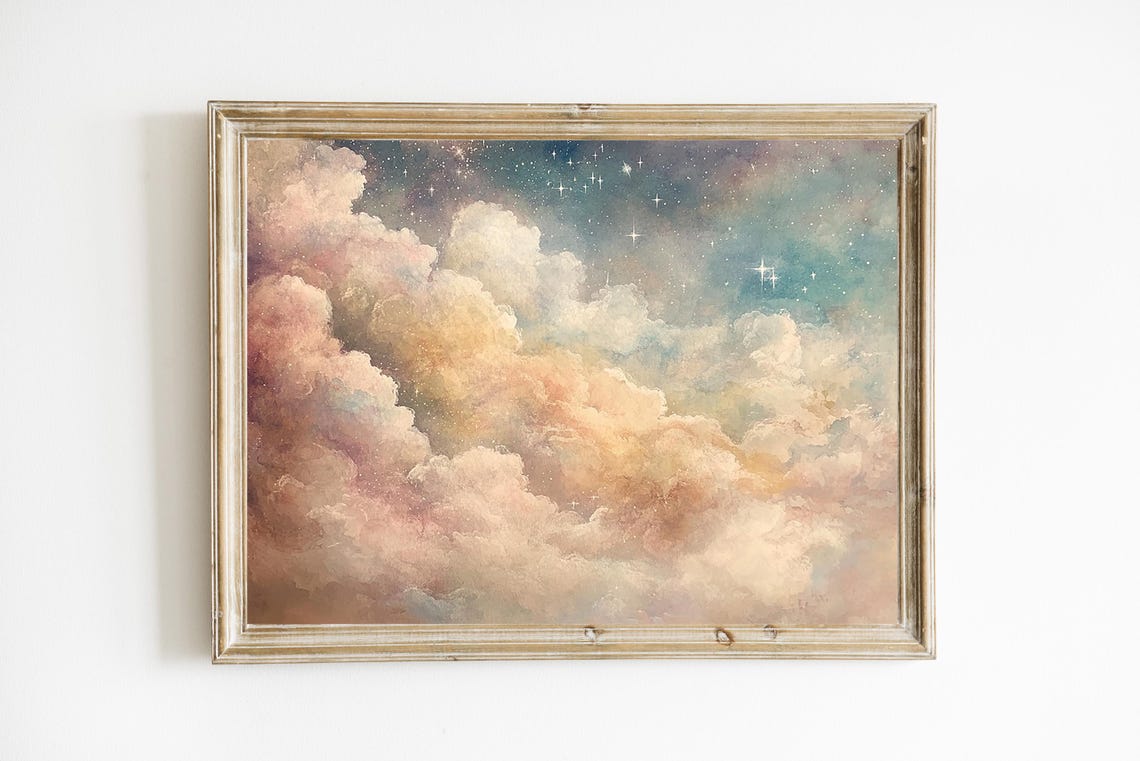 Dreamy Pastel Cloud Sky with Twinkling Stars Celestial Art Print