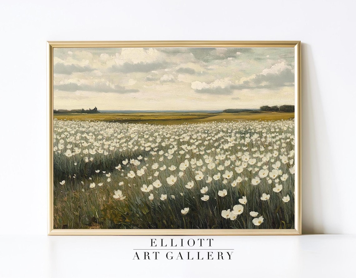 Spring Meadow White Wildflower Field Vintage Oil Painting Art Print