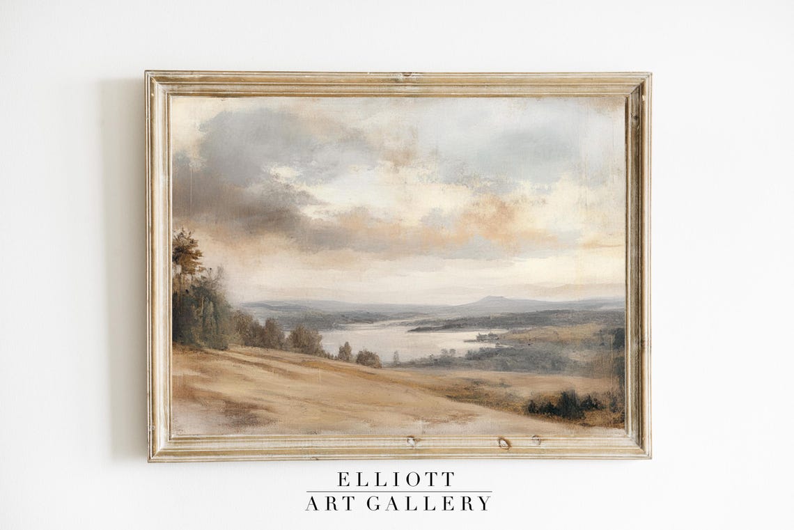 Muted Vintage Landscape Poster Rolling Hills Lake Cloudy Sky Decor