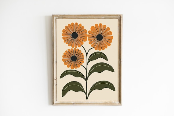 Trio of Burnt Orange Daisies Boho Botanical Style Flower Poster