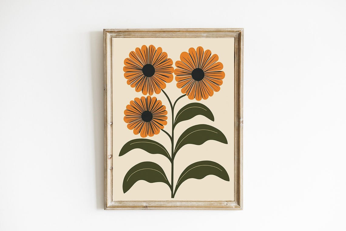 Trio of Burnt Orange Daisies Boho Botanical Style Flower Poster