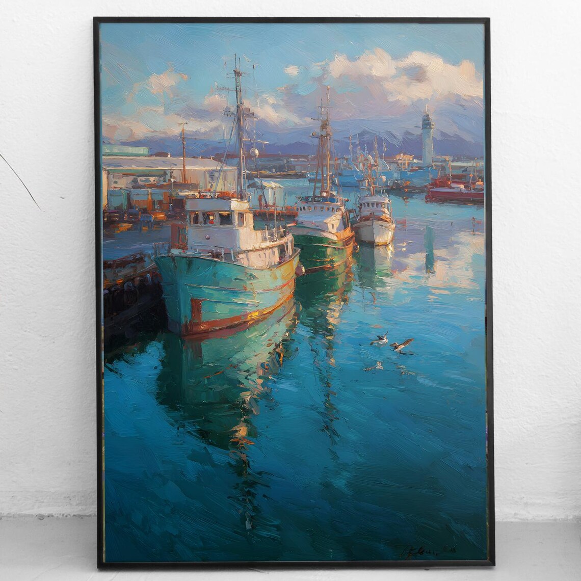 Fishing Boats in Harbor Impressionist Seascape Painting Poster