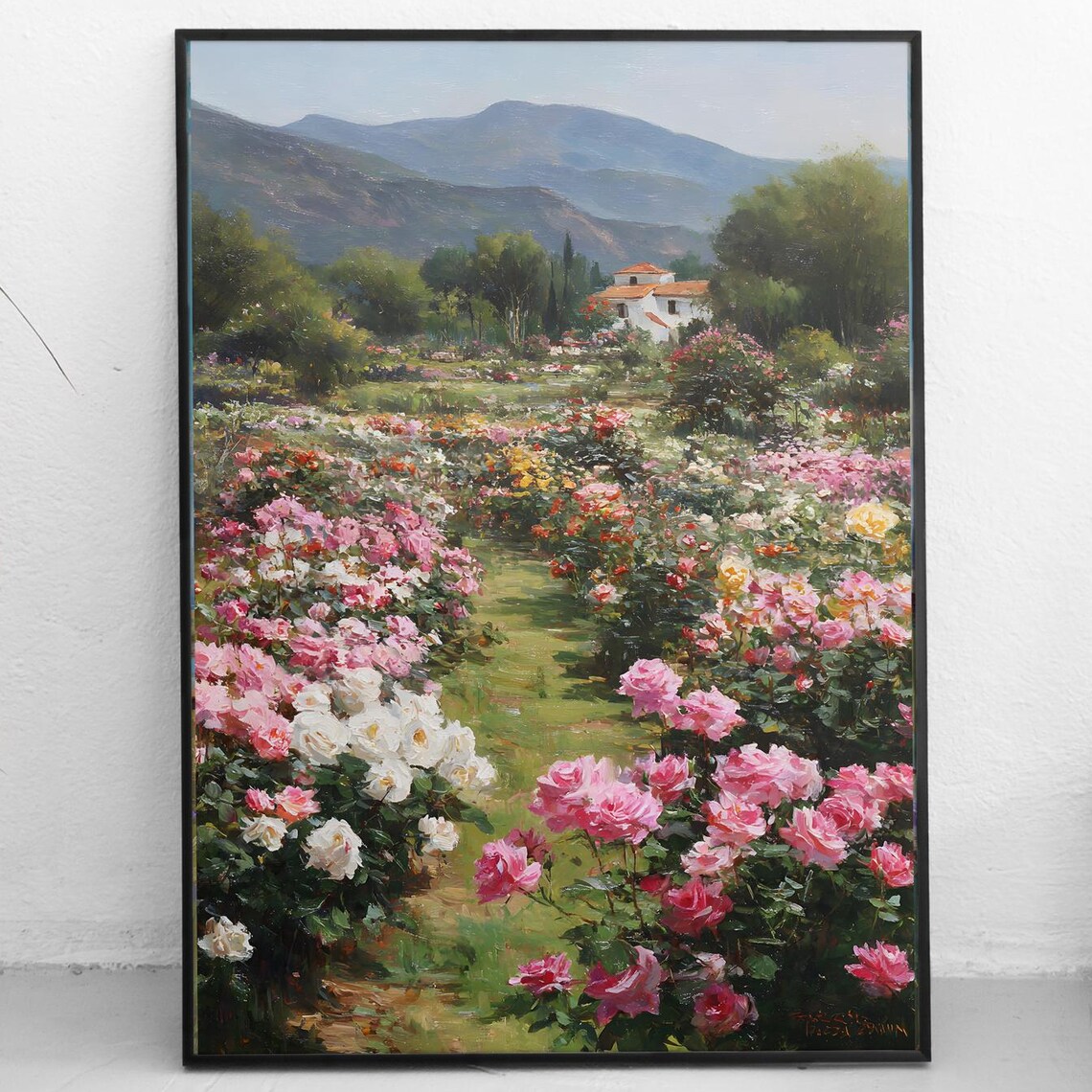 Lush Rose Garden Path Pink and White Roses Villa Mountain View Poster