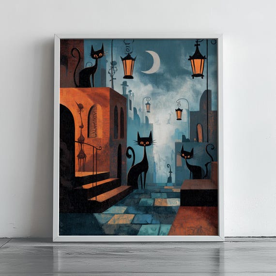Black Cats Moonlit Old Town Street Lanterns Spooky Vintage Halloween Poster