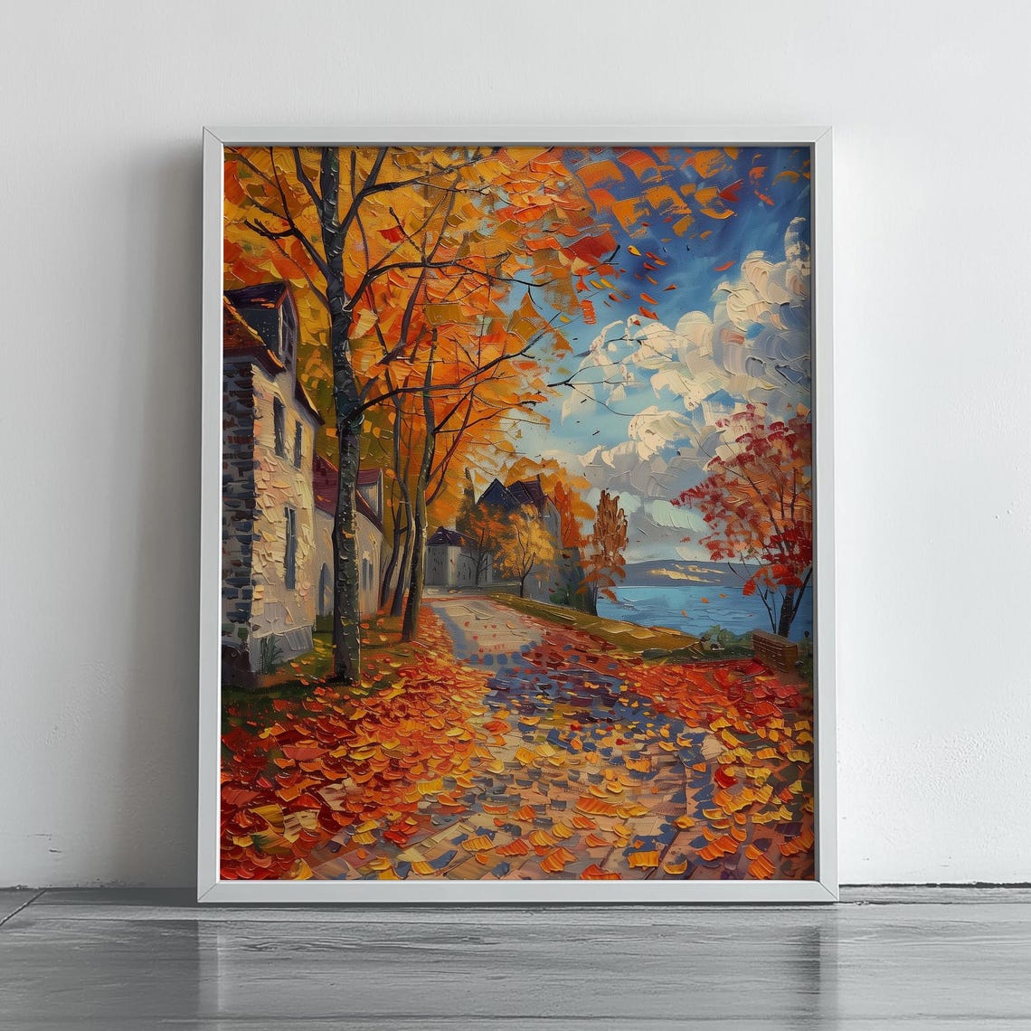 Autumn Village Lane By Water Fallen Leaves Impasto Art Poster