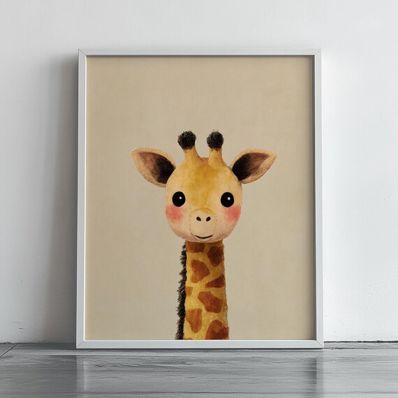 Charming Baby Giraffe Watercolor Portrait Sweet Smile Nursery Art Poster