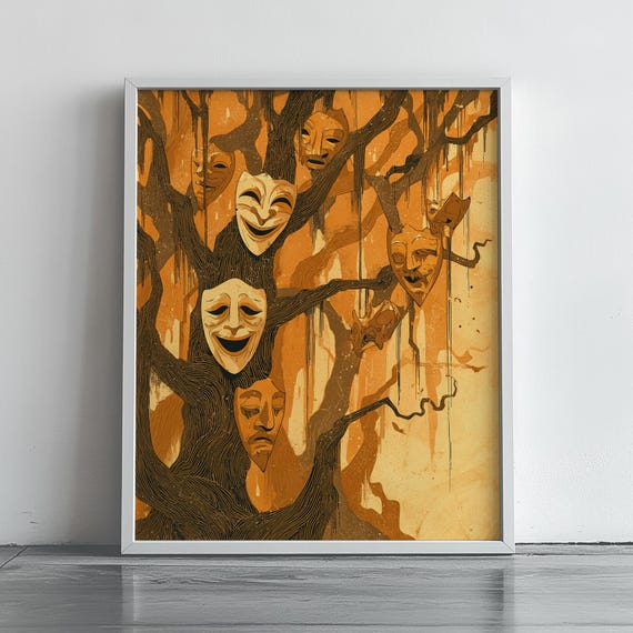 Creepy Mask Tree With Theater Faces Autumn Orange Spooky Halloween Poster