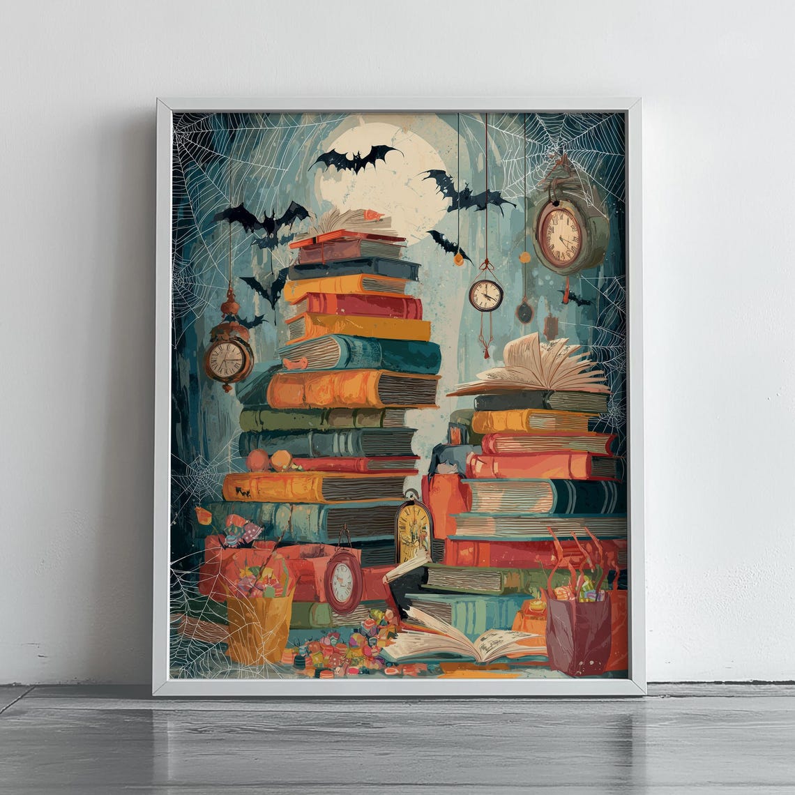 Spooky Halloween Book Stack With Bats And Full Moon Magic Poster