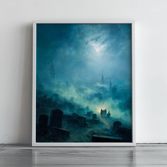 Misty Graveyard Under Moonlight Spooky Gothic Landscape Art Haunted Night Scene Eerie Halloween Decor Moody Wall 139