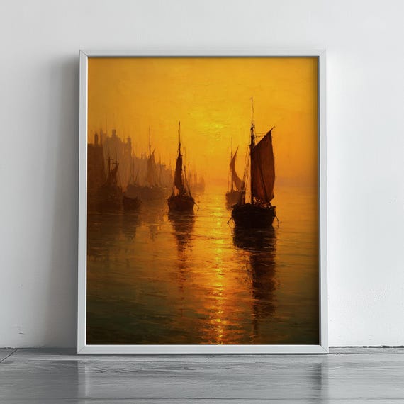 Sunrise Fishing Boats Moody Seascape Wall Art Turners Style Painting Rustic Nautical Decor Ocean Print 138