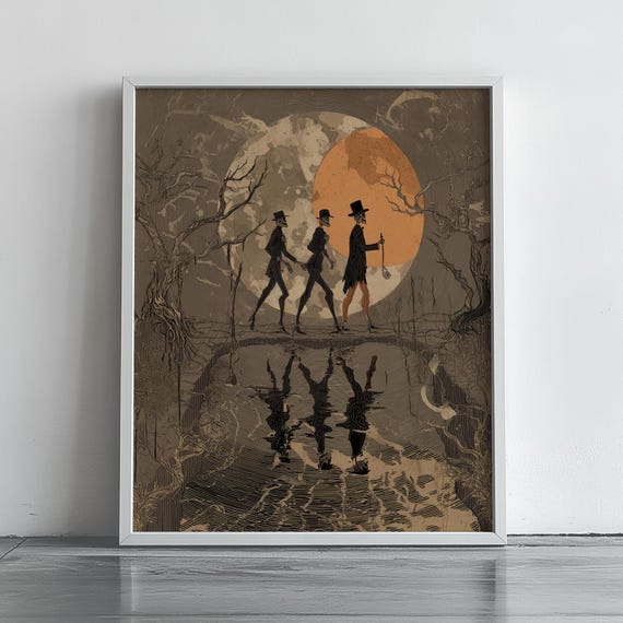 Vintage Top-Hatted Gentlemen Moonlit Stroll Poster in Gothic Engraving Style