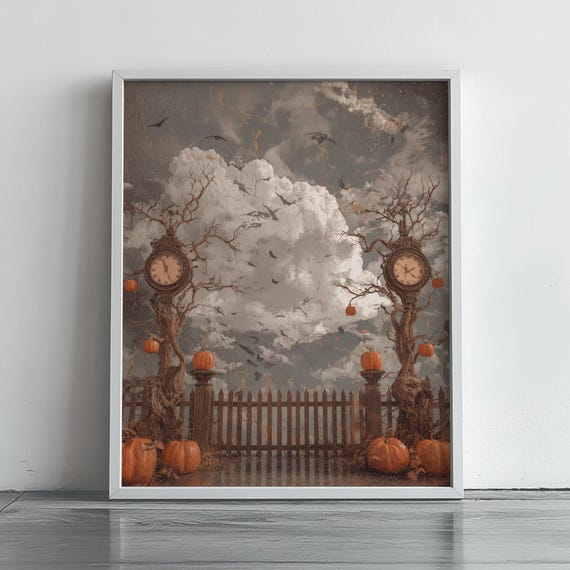 Vintage Halloween Gateway Art Surreal Autumn Landscape Spooky Pumpkin Decor Salvador Inspired Wall Moody Fall Print 43