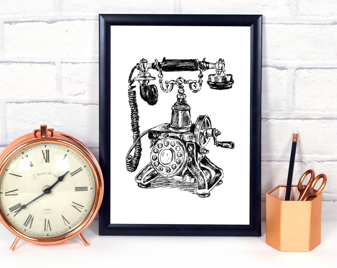 Vintage Rotary Telephone Black and White Sketch Style Wall Art