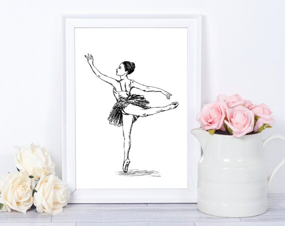 Elegant Ballerina in Arabesque Ink Sketch Black and White Dance Poster