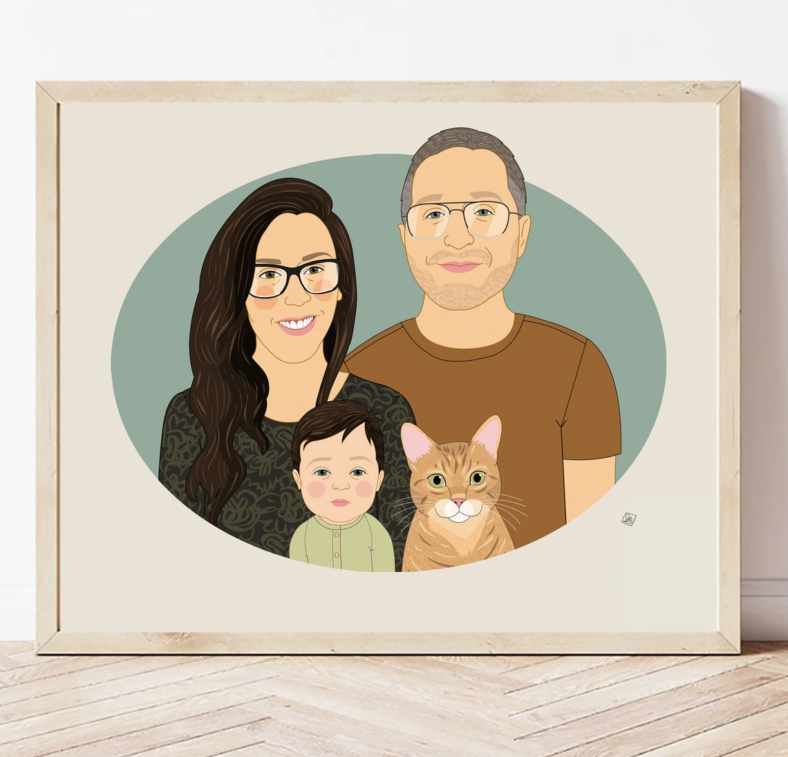 Family of Three With Tan Dog Custom Illustrated Portrait Poster - Image 5
