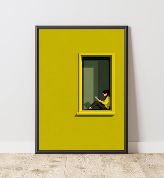 Minimal Reading Girl In Window Print Art Green Wall Decor Home Poster Modern Calm Artwork Cozy Candinavian Style Retro