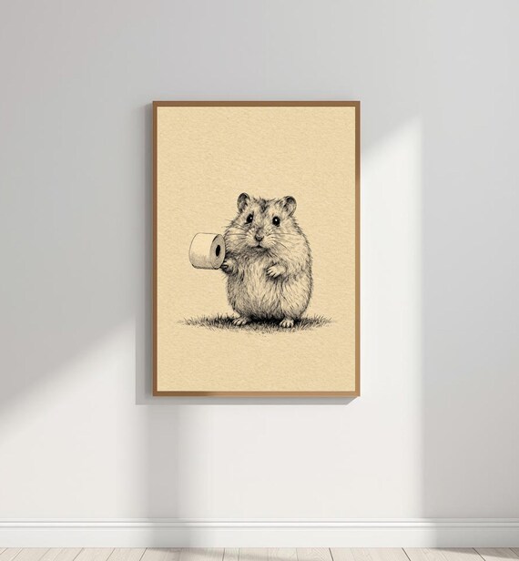 Funny Bathroom Wall Art Hamster Toilet Paper Print Cute Animal Poster Humor Decor Minimalist