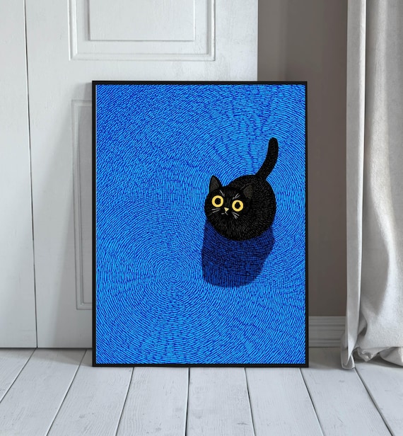 Black Cat Wall Art Cute Print Blue Modern Animal Poster Whimsical Pet Illustration Minimalist Home Decor Gift