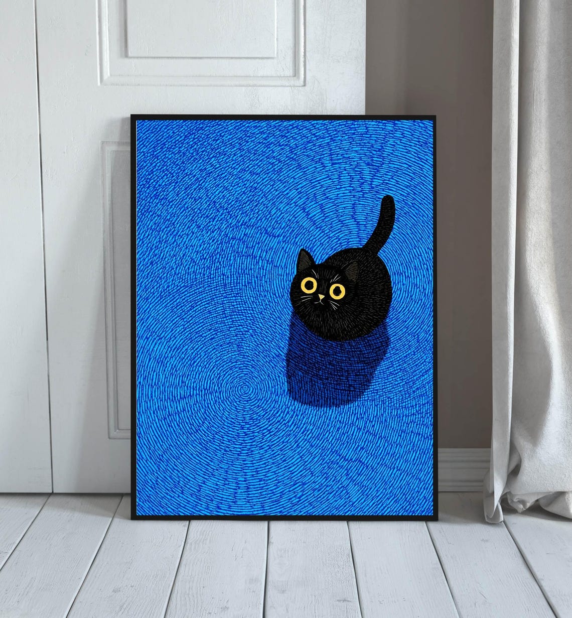 Black Cat Wall Art Cute Print Blue Modern Animal Poster Whimsical Pet Illustration Minimalist Home Decor Gift