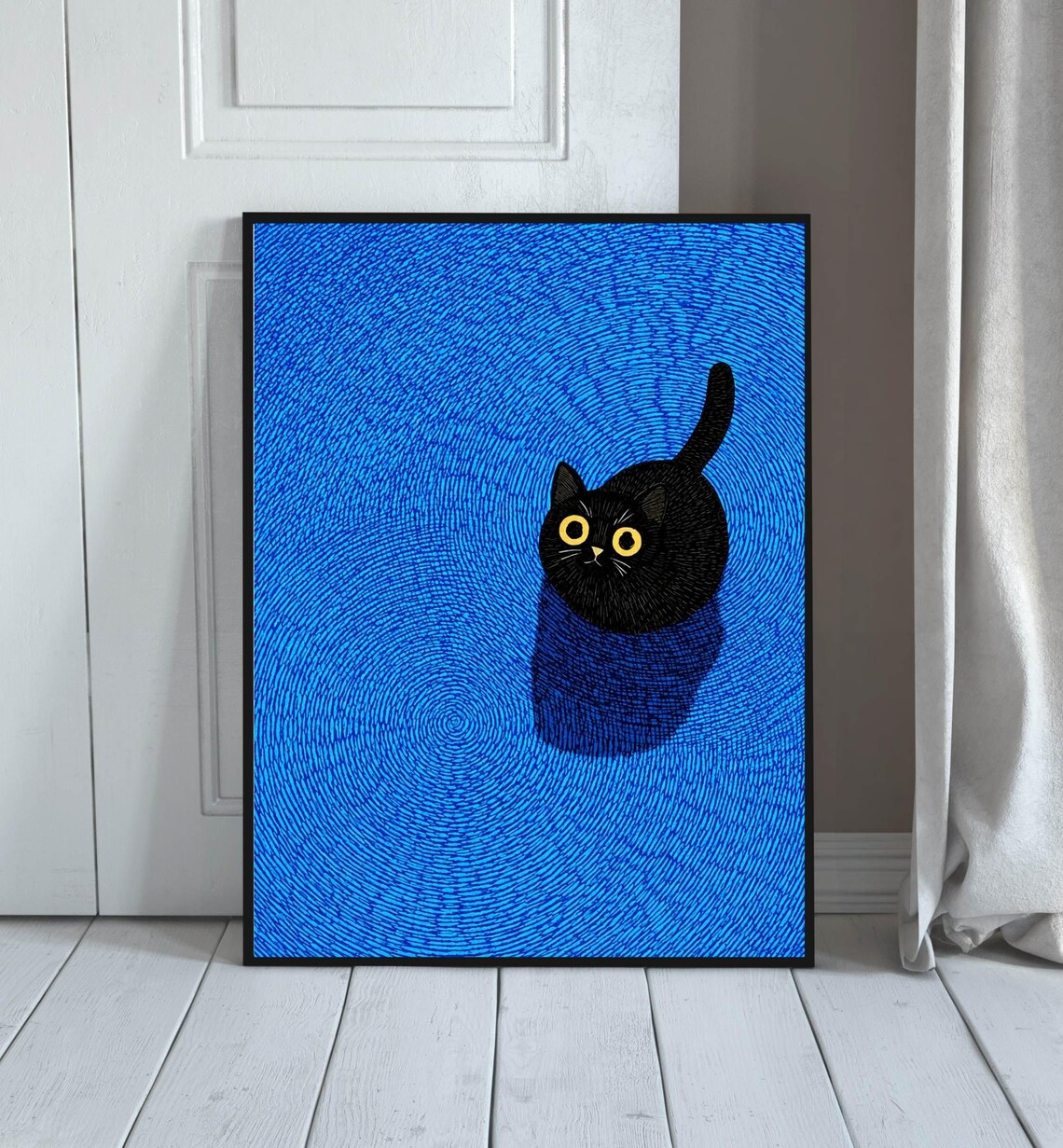 Black Cat With Yellow Eyes Vivid Blue Textured Modern Pet Poster