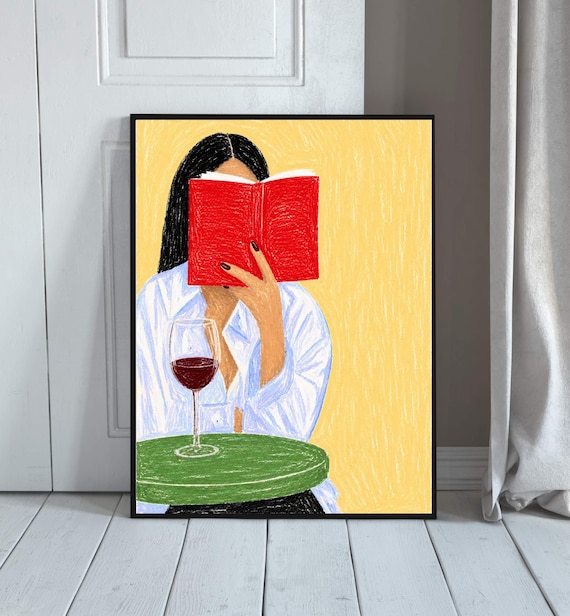 Cozy Woman Reading Book Wall Art Print Lover Decor Modern Literary Gallery Feminine Artwork Wine And Poster