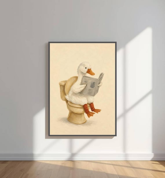 Duck Reading Newspaper In Bathroom Print Funny Wall Whimsical Toilet Decor Farmhouse Animal Poster