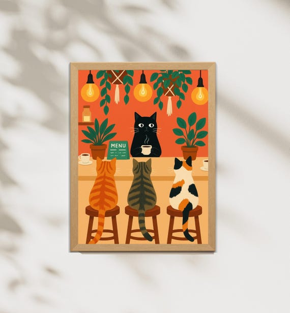Cats Cafe Art Print, Cozy Kitchen Decor