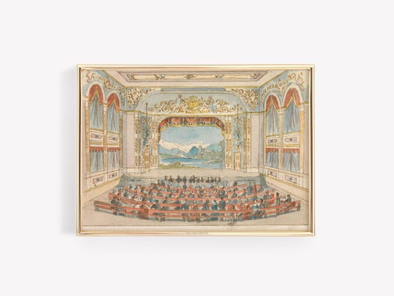 Vintage Theater Interior Print Stage Play Wall Art Architecture Sketch Theatre Watercolor People Drawing Broadway Gift