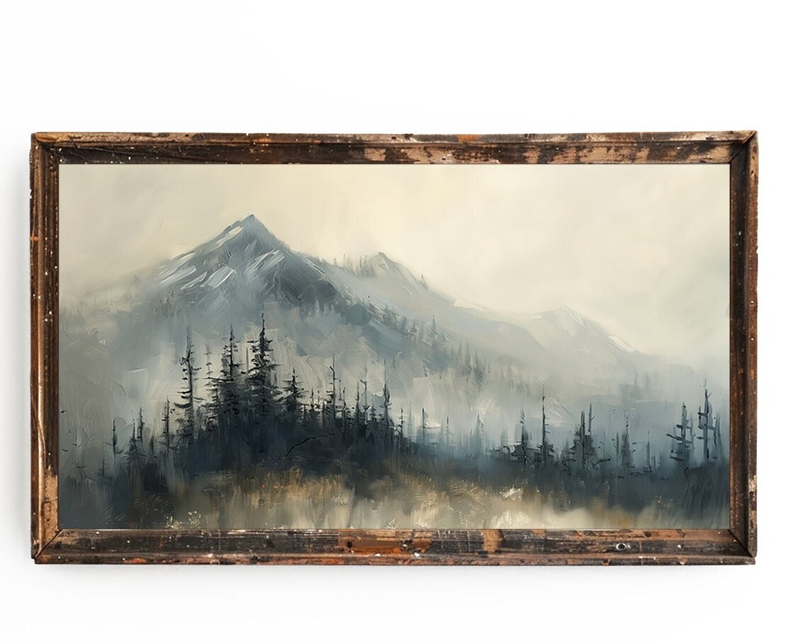 Misty Mountain Pines in Soft Fog Monochrome Landscape Oil Poster