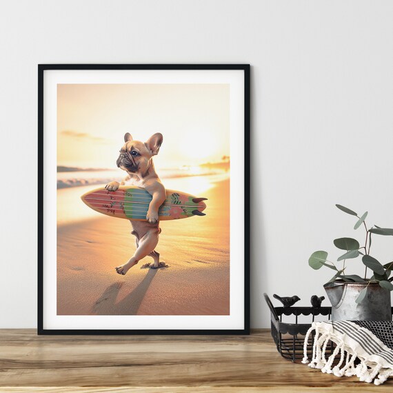 French Bulldog Walking On Beach Surfboard Funny House Wall Art Poster Instant Ai Golden Hour