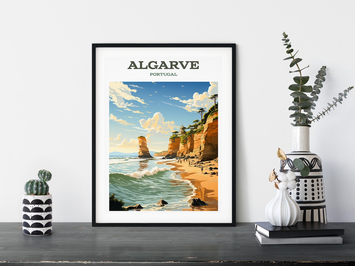 Algarve Portugal Golden Cliffs Beach Coastline Retro Travel Poster